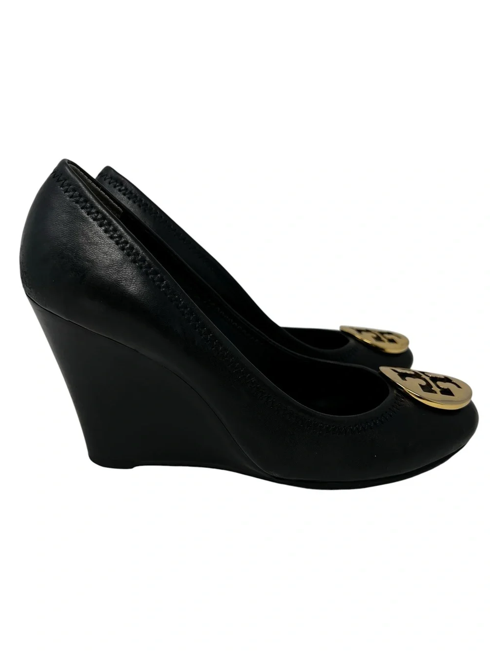 Tory Burch Black Leather Wedge Pumps with Gold Logo Disc